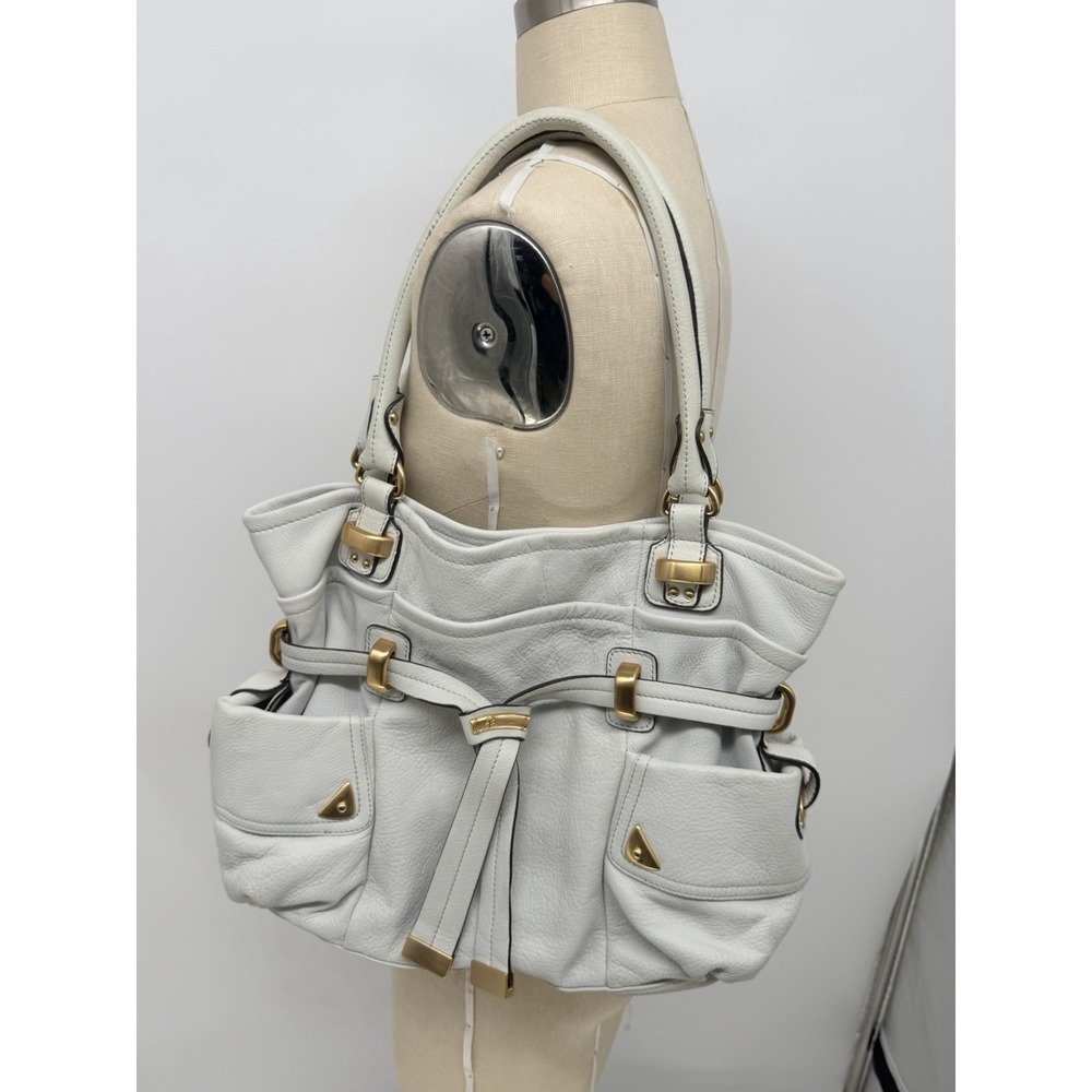 Makowsky Leather Satchel Shoulder Bag Pebbled Off White Bone Boho Slouchy Y2K